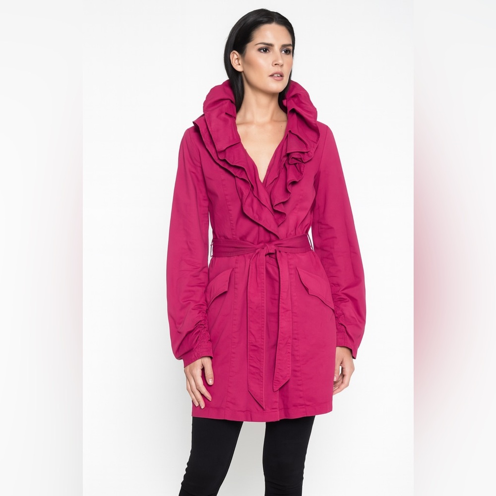Willi Smith Pink Ruffle Trench Coat Small Belted Zip Front Cotton Jacket
